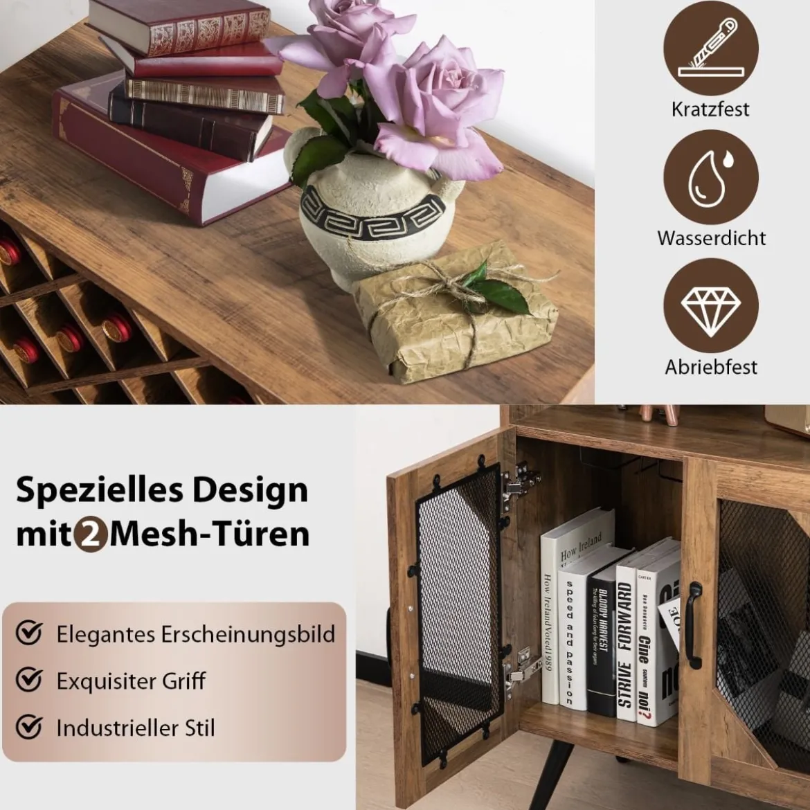 Vintage Weinschrank mit Abnehmbarem Weinregal Barschrank für 11 Weinflaschen & 9 Weingläser Braun