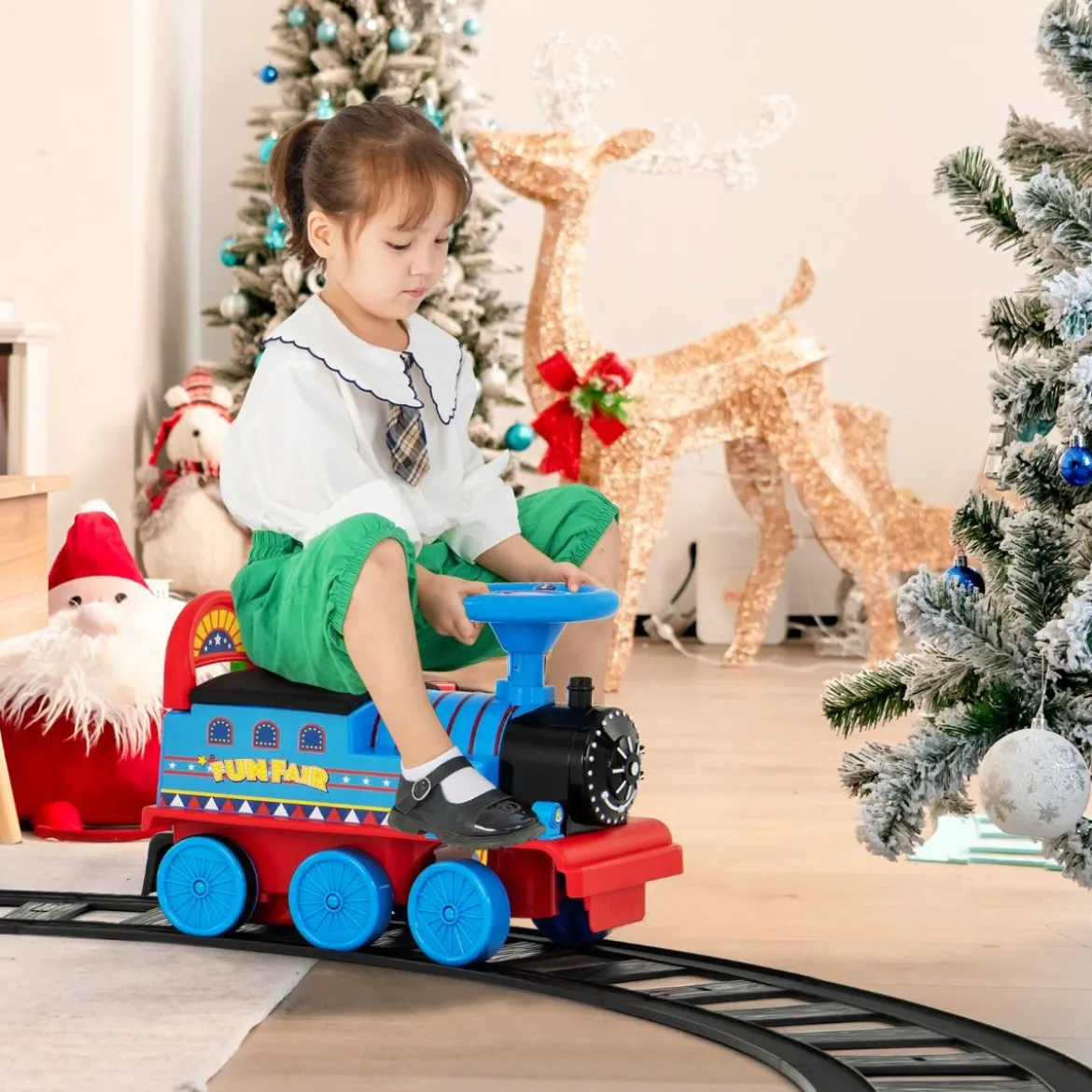 6V Kinder Aufsitz Lokomotive mit Bahn Elektro Kinderauto mit Musik & Lichter & Box unter dem Sitz