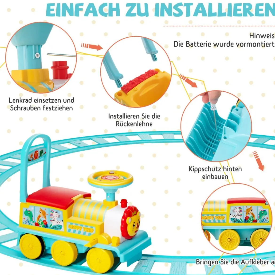 6V Kinder Aufsitz Lokomotive mit Bahn Elektro Kinderauto mit Musik & Lichter & Box unter dem Sitz