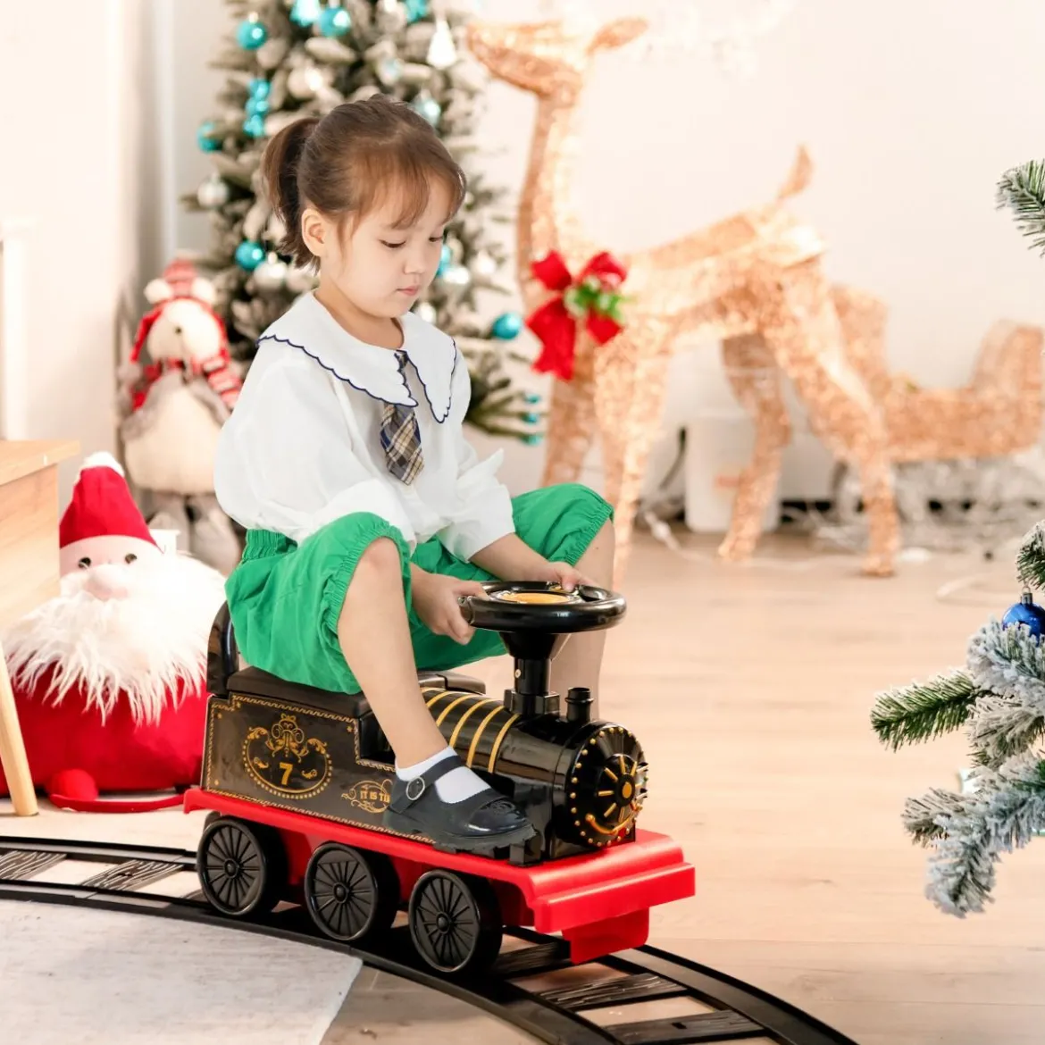 6V Kinder Aufsitz Lokomotive mit Bahn Elektro Kinderauto mit Musik & Lichter & Box unter dem Sitz