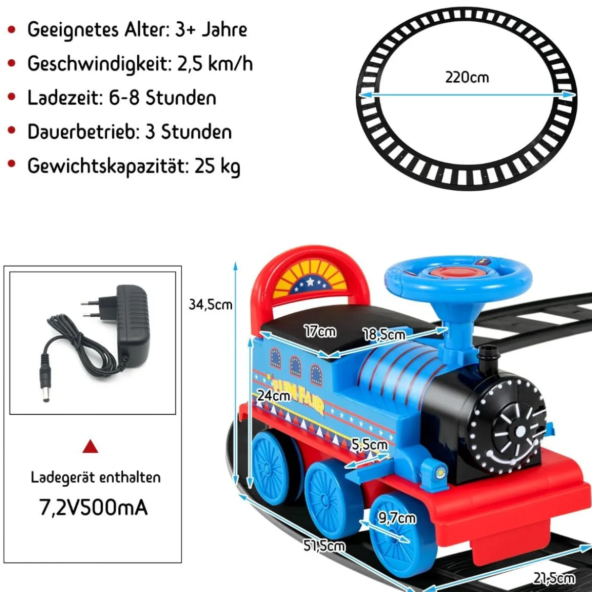 6V Kinder Aufsitz Lokomotive mit Bahn Elektro Kinderauto mit Musik & Lichter & Box unter dem Sitz