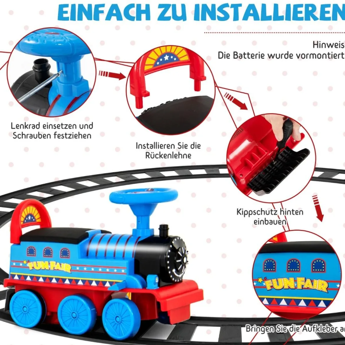 6V Kinder Aufsitz Lokomotive mit Bahn Elektro Kinderauto mit Musik & Lichter & Box unter dem Sitz