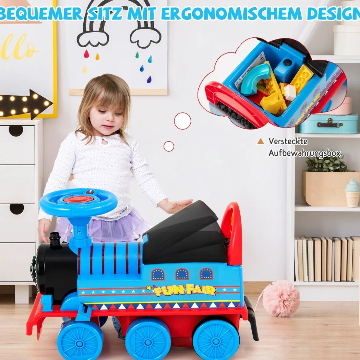 6V Kinder Aufsitz Lokomotive mit Bahn Elektro Kinderauto mit Musik & Lichter & Box unter dem Sitz