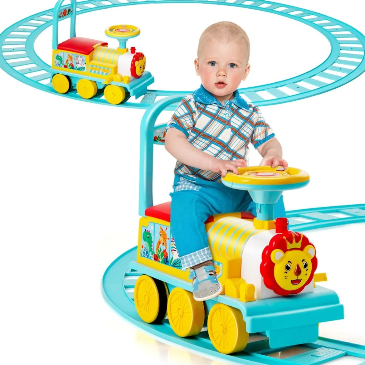 6V Kinder Aufsitz Lokomotive mit Bahn Elektro Kinderauto mit Musik & Lichter & Box unter dem Sitz