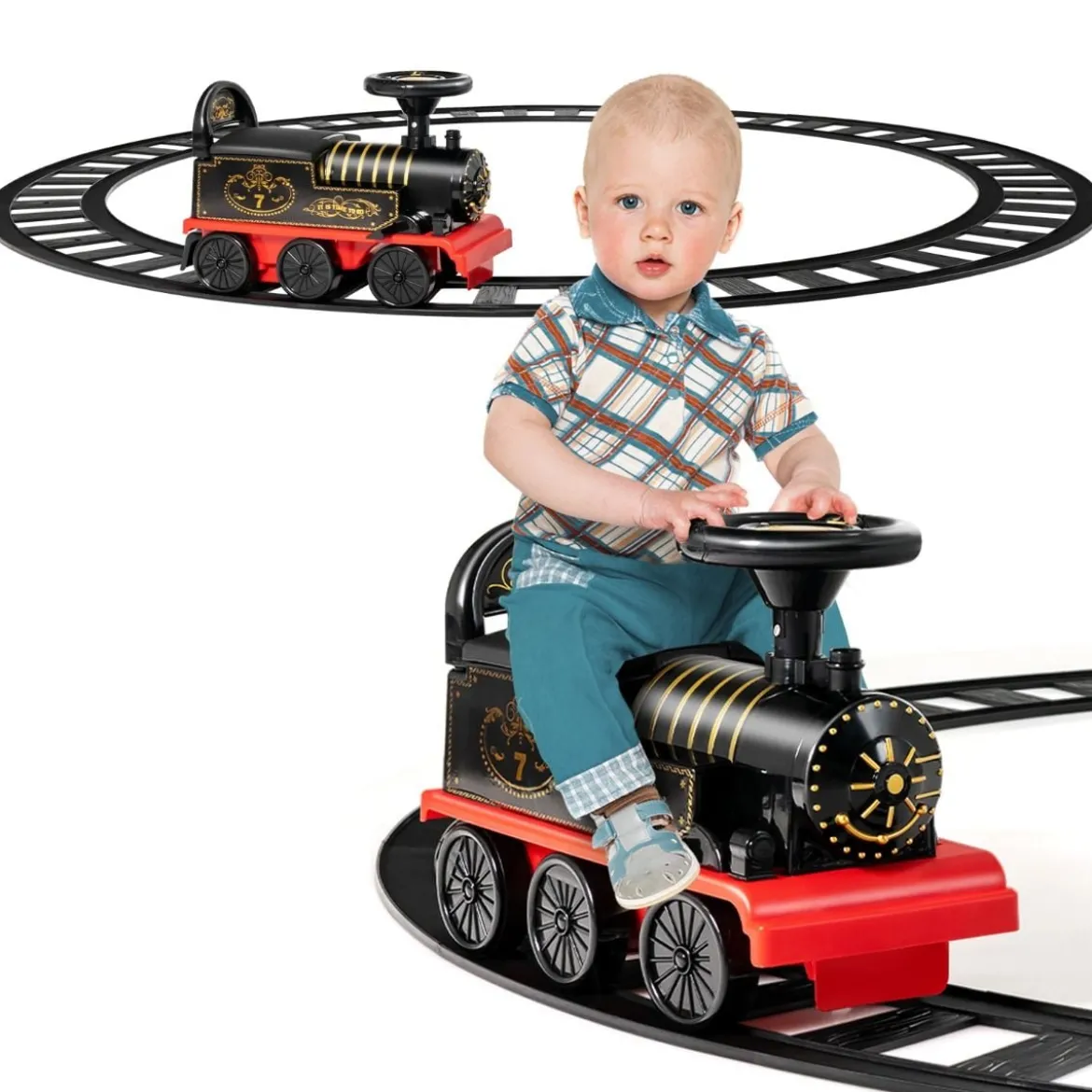 6V Kinder Aufsitz Lokomotive mit Bahn Elektro Kinderauto mit Musik & Lichter & Box unter dem Sitz