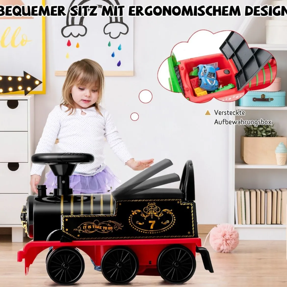 6V Kinder Aufsitz Lokomotive mit Bahn Elektro Kinderauto mit Musik & Lichter & Box unter dem Sitz