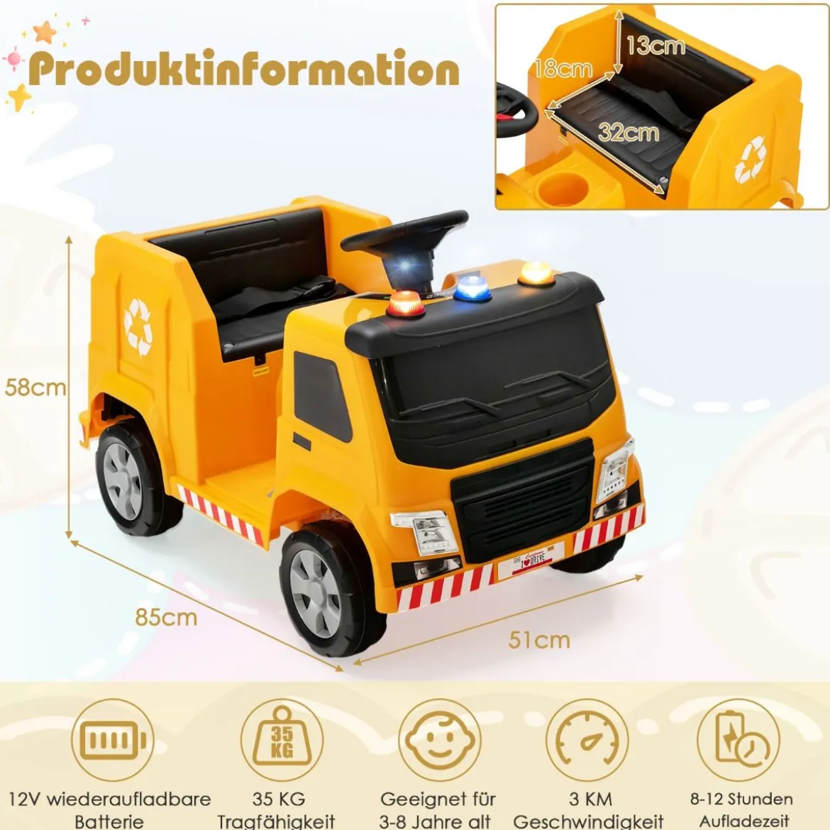 12V Kinder Aufsitz Müllwagen mit Musik Elektroauto mit Vorwärts-/Stop-/Rückwärtsfunktion Gelb