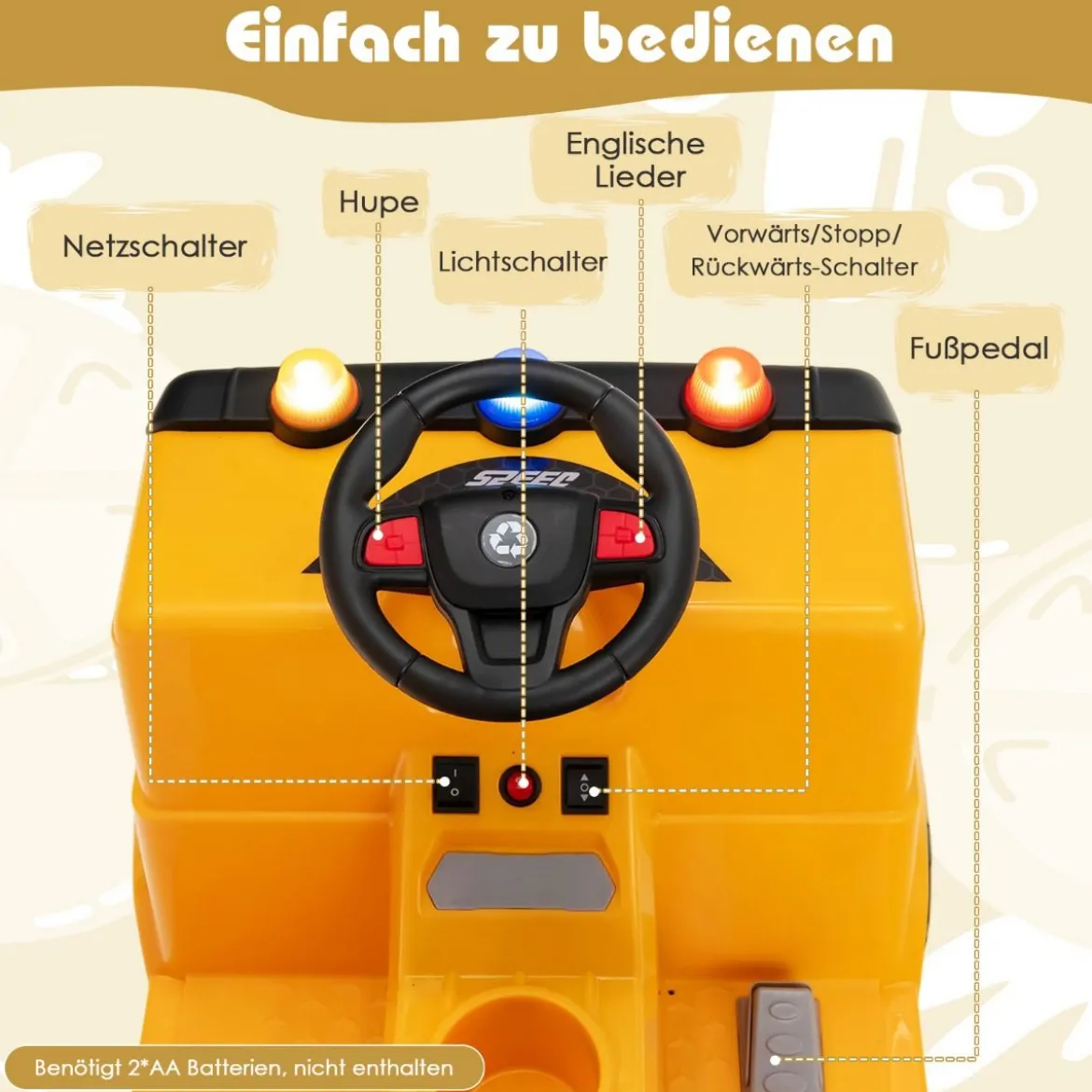 12V Kinder Aufsitz Müllwagen mit Musik Elektroauto mit Vorwärts-/Stop-/Rückwärtsfunktion Gelb