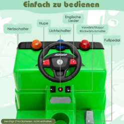 12V Kinder Aufsitz Müllwagen mit Musik & Hupen & Licht & Fernbedienung Grün