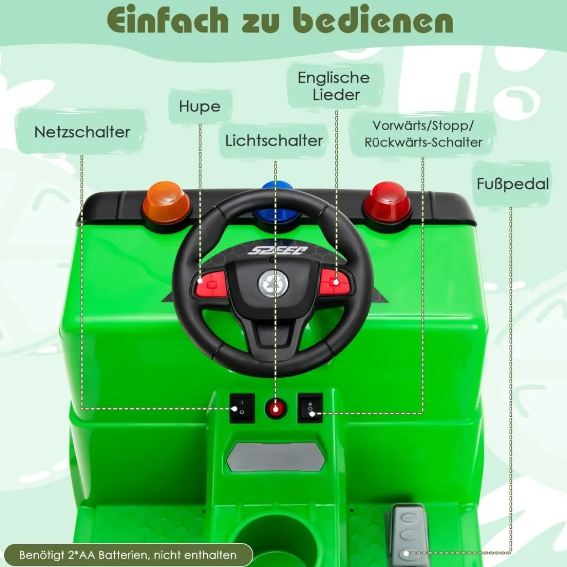12V Kinder Aufsitz Müllwagen mit Musik & Hupen & Licht & Fernbedienung Grün