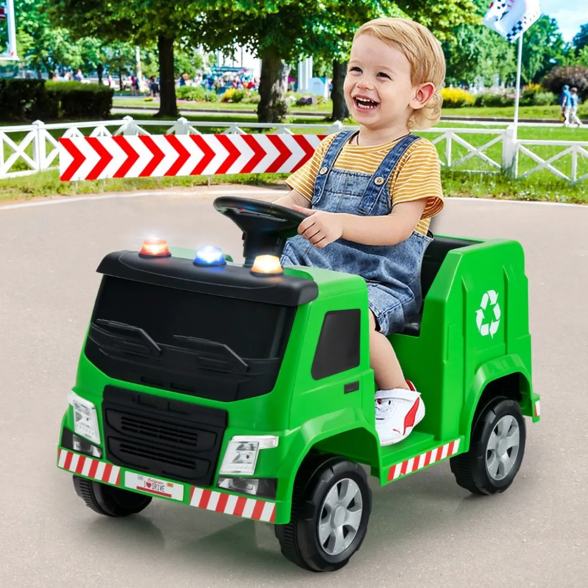 12V Kinder Aufsitz Müllwagen mit Musik & Hupen & Licht & Fernbedienung Grün