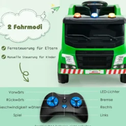 12V Kinder Aufsitz Müllwagen mit Musik & Hupen & Licht & Fernbedienung Grün