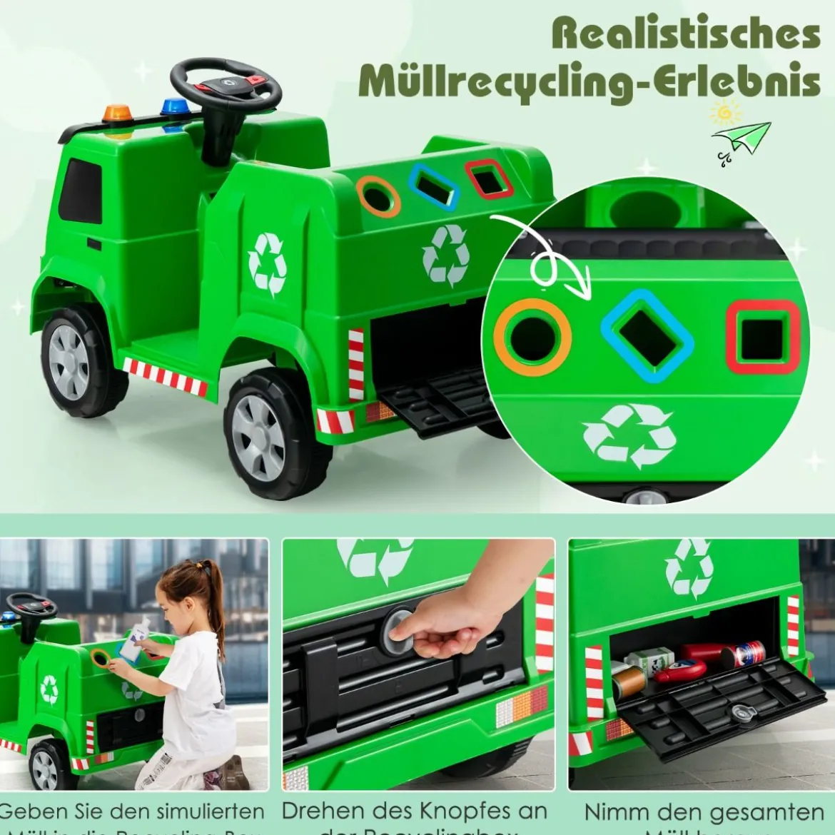 12V Kinder Aufsitz Müllwagen mit Musik & Hupen & Licht & Fernbedienung Grün