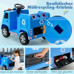 12V Kinder Aufsitz Müllwagen mit Musik & Hupen & Licht & Fernbedienung Blau