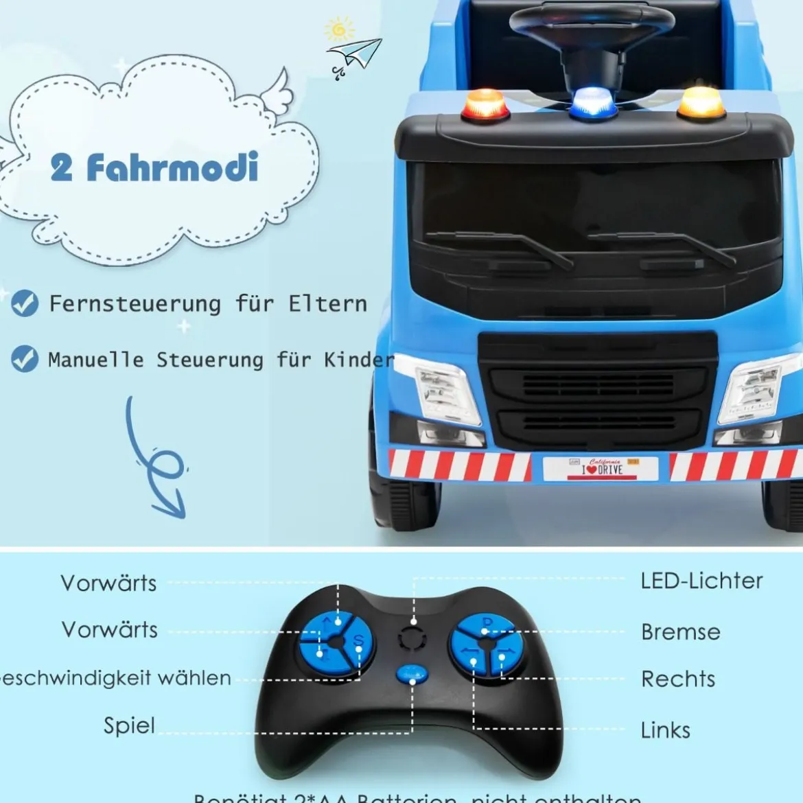 12V Kinder Aufsitz Müllwagen mit Musik & Hupen & Licht & Fernbedienung Blau