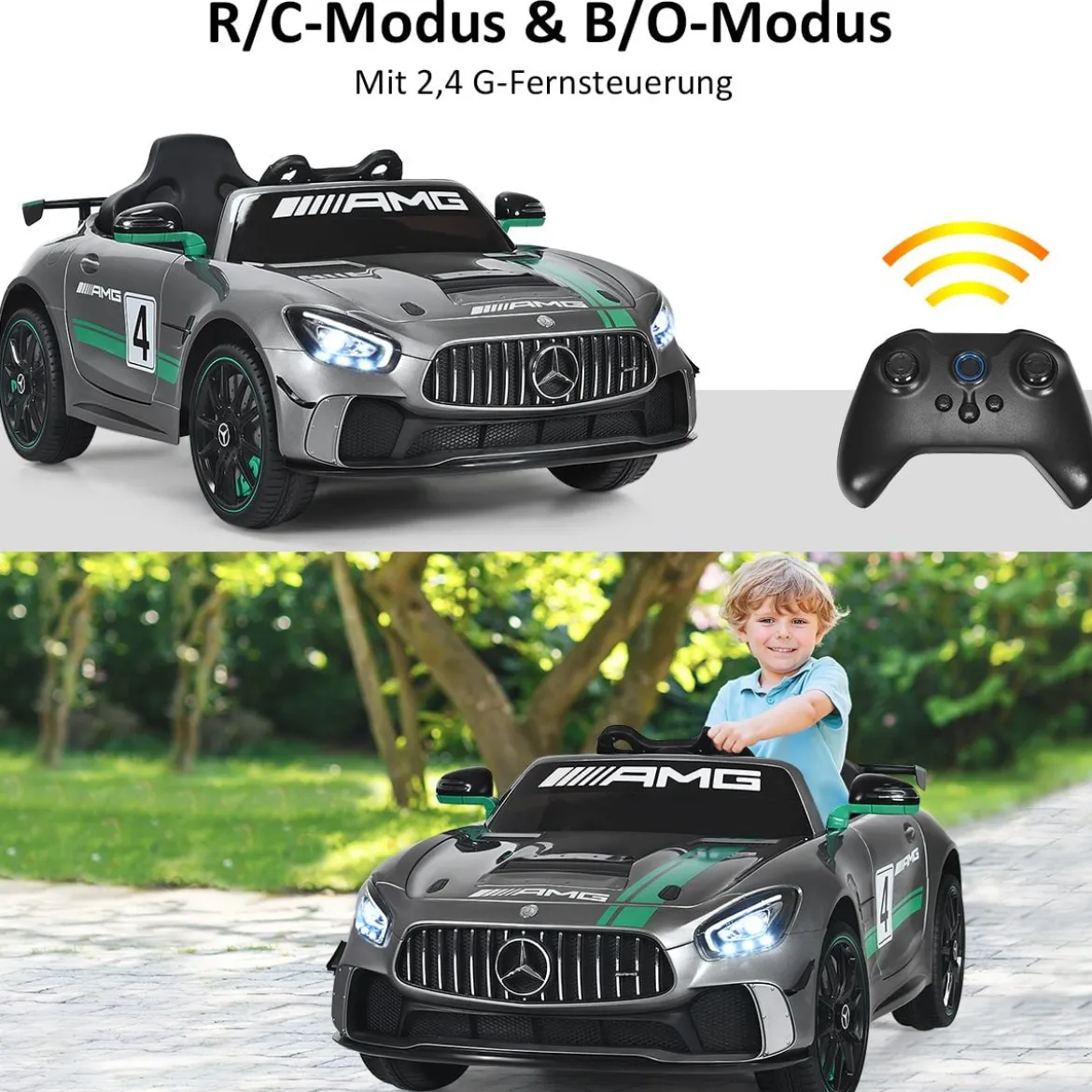 12V Kinderauto mit 2,4G Fernbedienung 3 Gang Elektroauto 3-5km/h mit LED Scheinwerfer Silbergrau