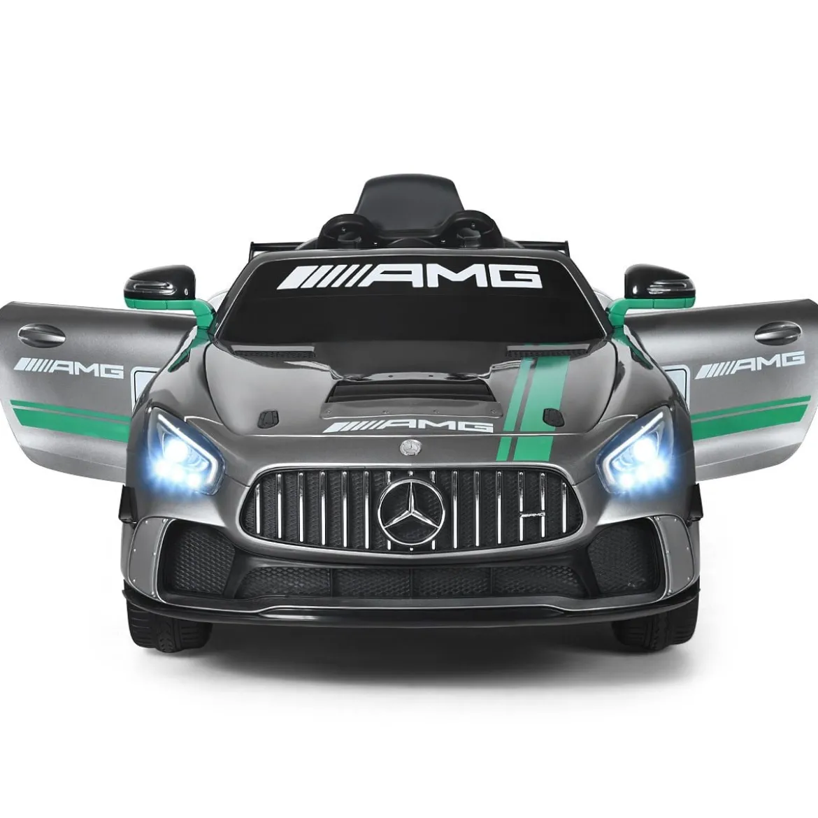 12V Kinderauto mit 2,4G Fernbedienung 3 Gang Elektroauto 3-5km/h mit LED Scheinwerfer Silbergrau
