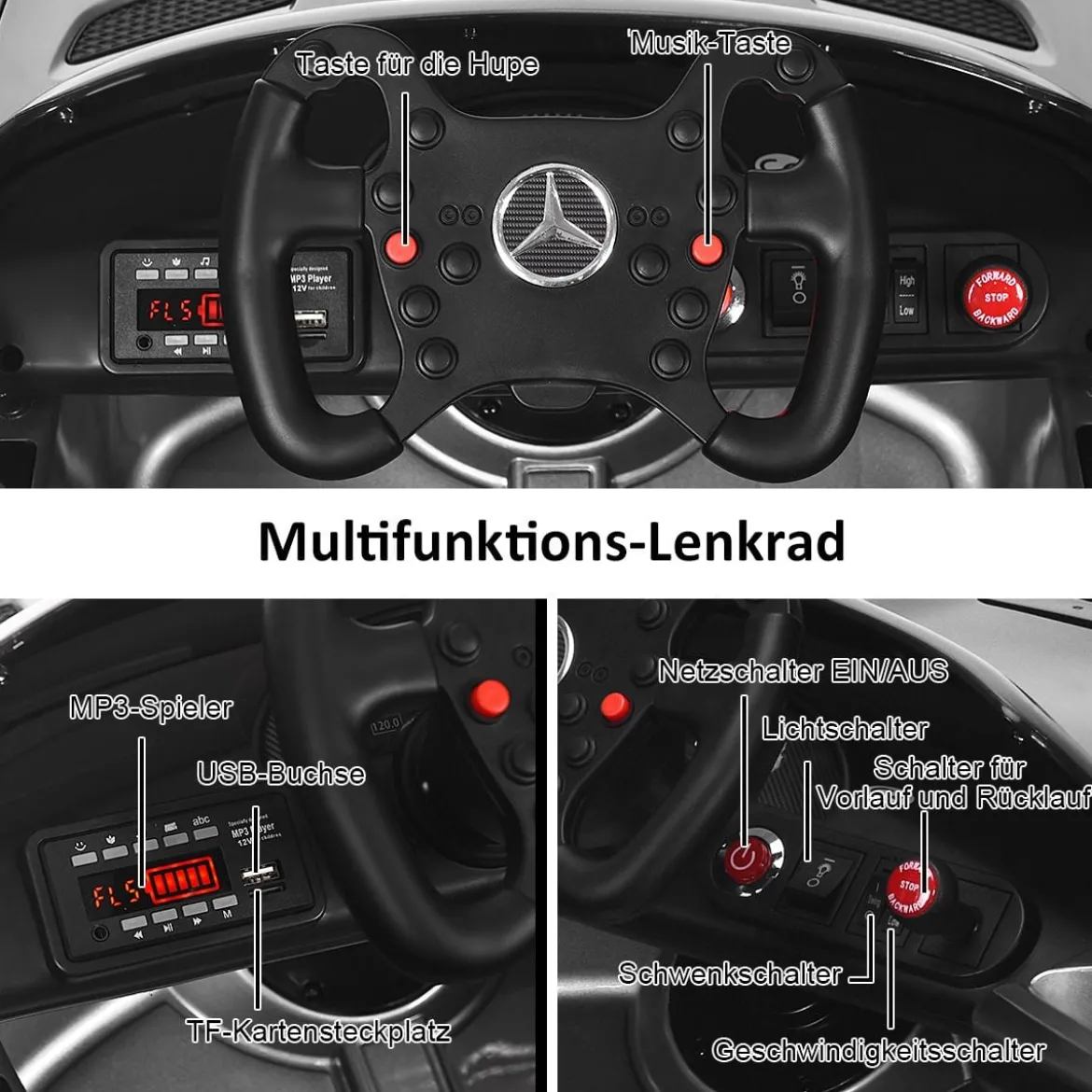 12V Kinderauto mit 2,4G Fernbedienung 3 Gang Elektroauto 3-5km/h mit LED Scheinwerfer Silbergrau