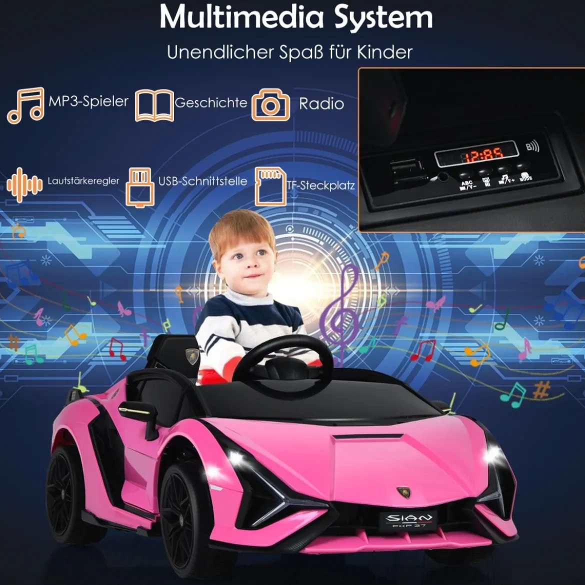 12V Kinderauto mit 2,4G-Fernbedienung mit Musik und LED-Scheinwerfer 108 x 64 x 41 cm Rosa