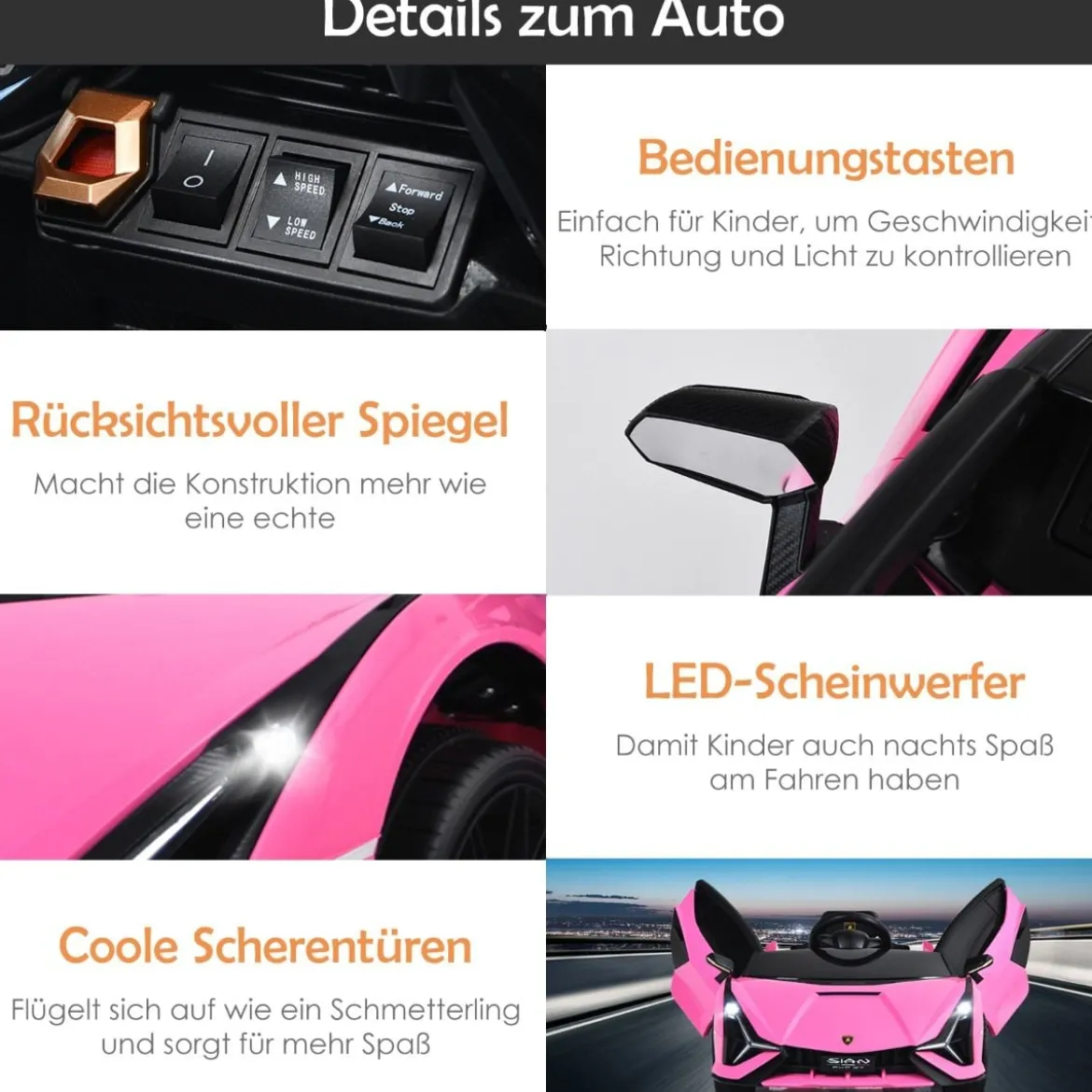 12V Kinderauto mit 2,4G-Fernbedienung mit Musik und LED-Scheinwerfer 108 x 64 x 41 cm Rosa