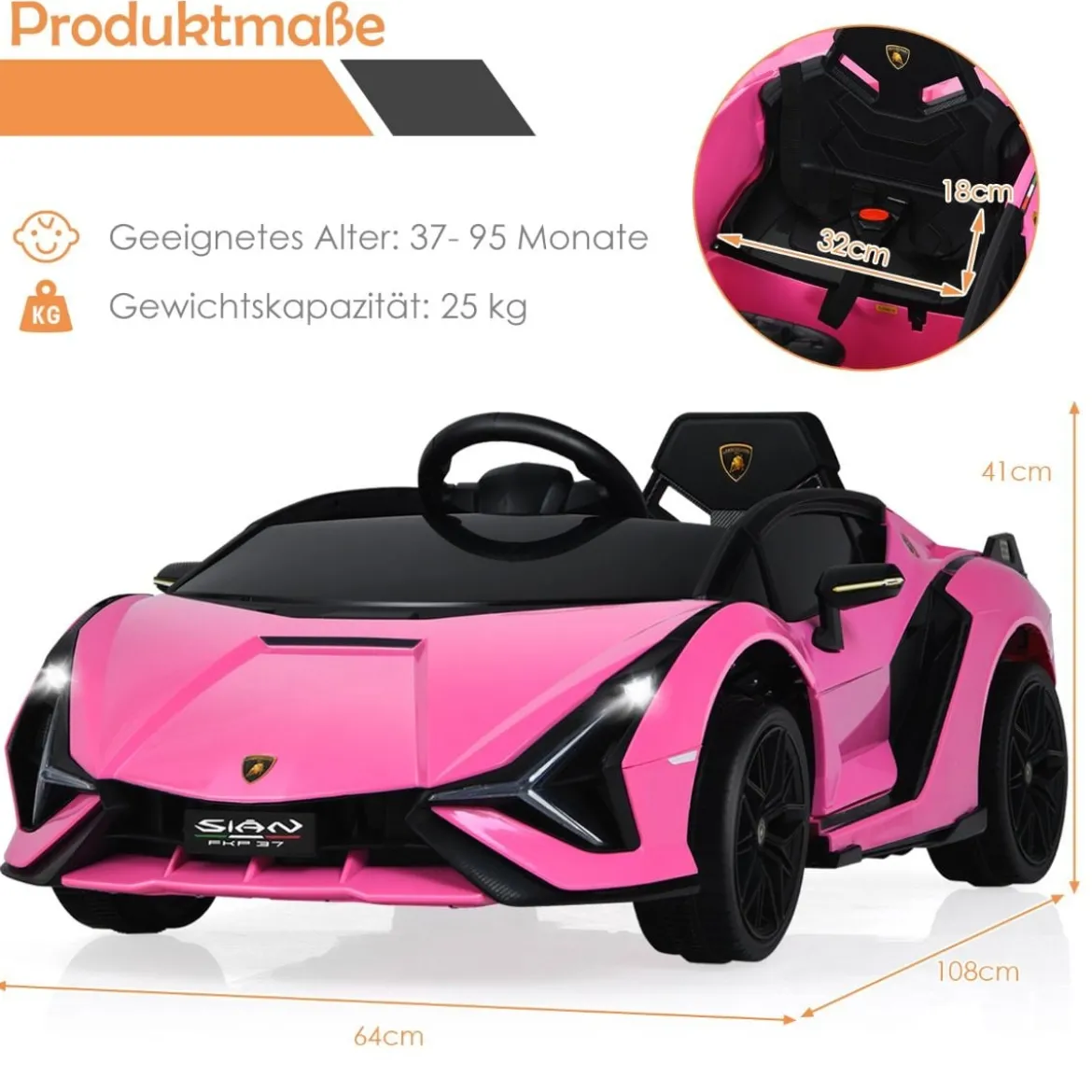 12V Kinderauto mit 2,4G-Fernbedienung mit Musik und LED-Scheinwerfer 108 x 64 x 41 cm Rosa