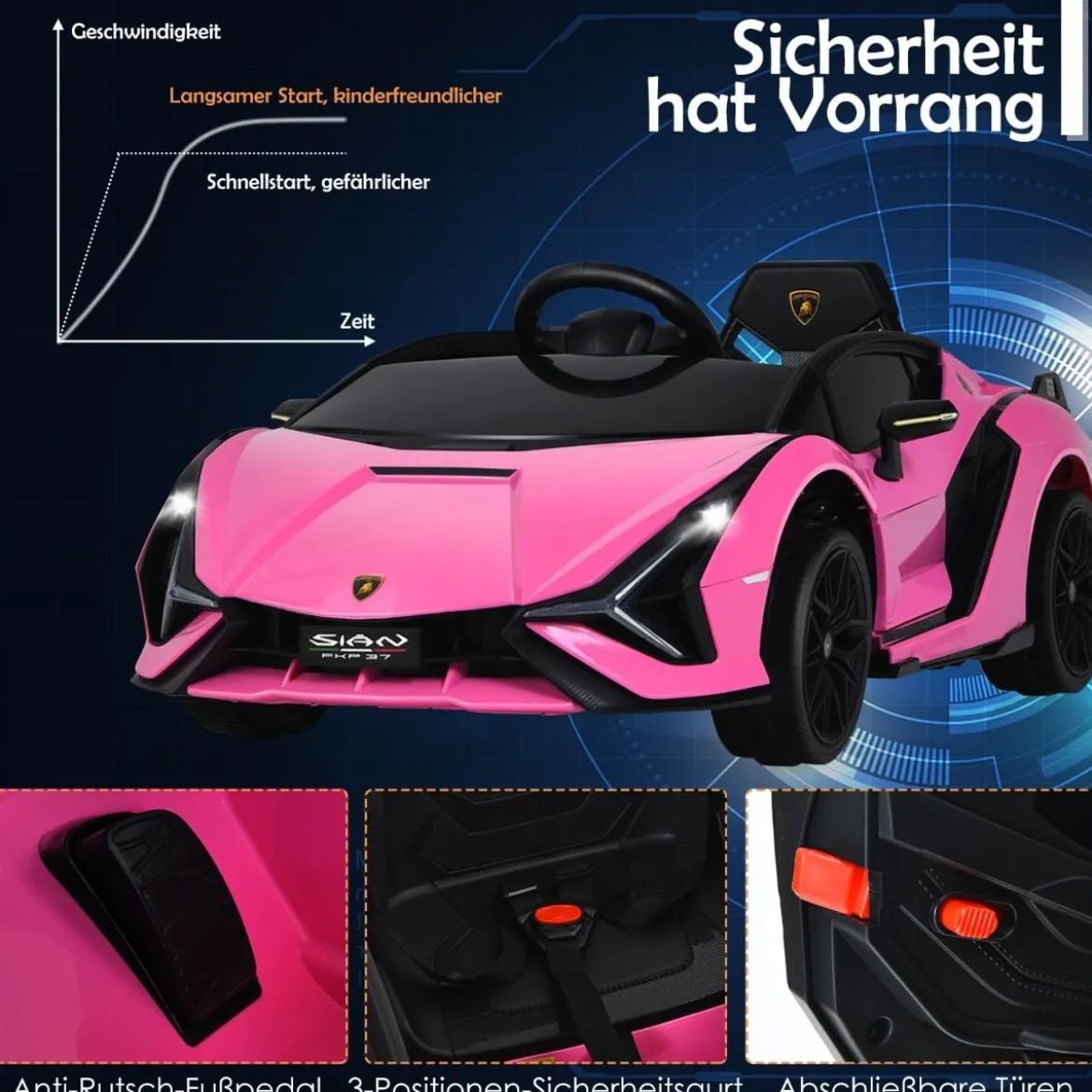 12V Kinderauto mit 2,4G-Fernbedienung mit Musik und LED-Scheinwerfer 108 x 64 x 41 cm Rosa