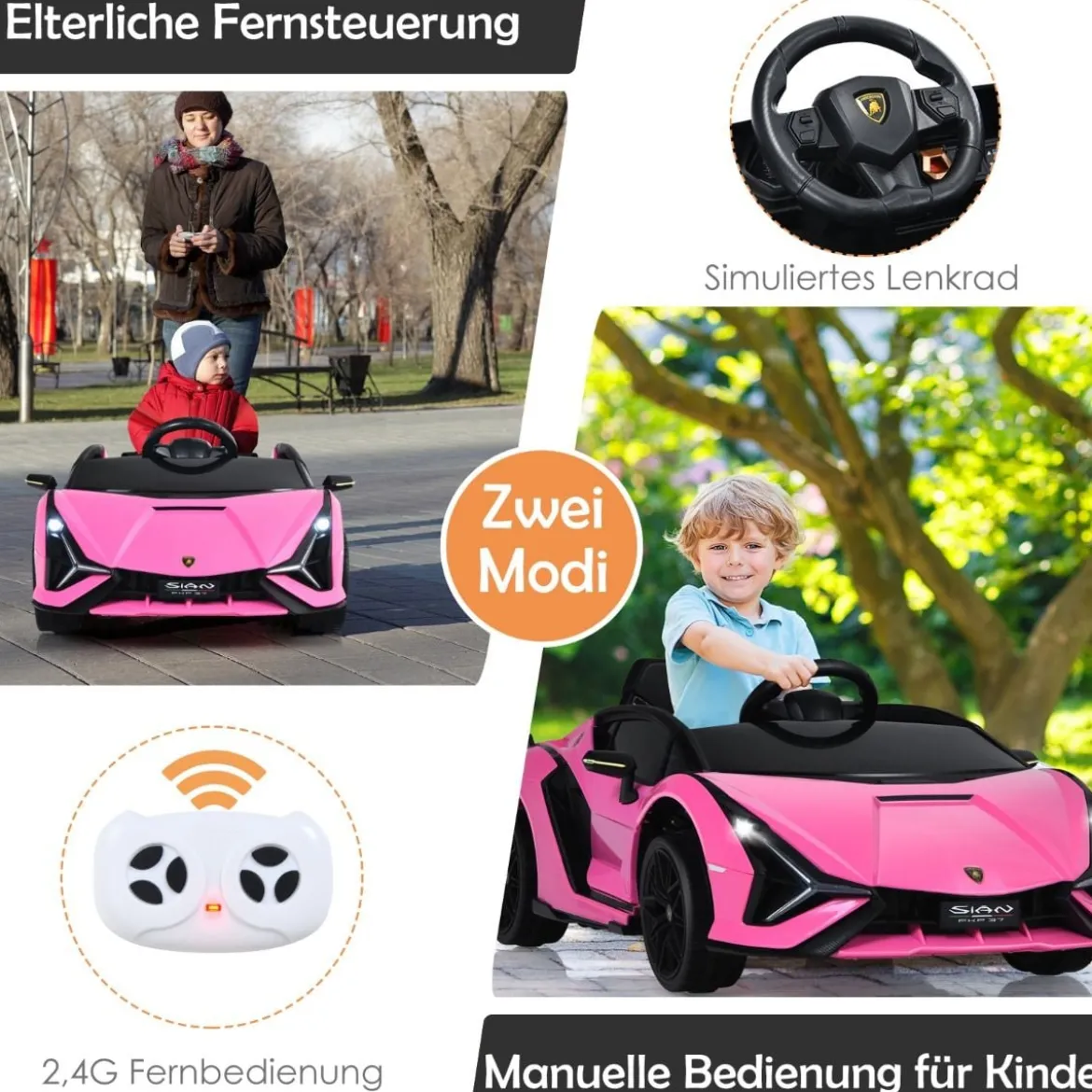 12V Kinderauto mit 2,4G-Fernbedienung mit Musik und LED-Scheinwerfer 108 x 64 x 41 cm Rosa