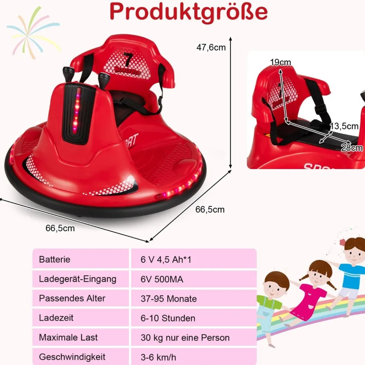6V Kinder Autoscooter 360 Grad Drehung mit Musik & bunten LED Lichtern Rot