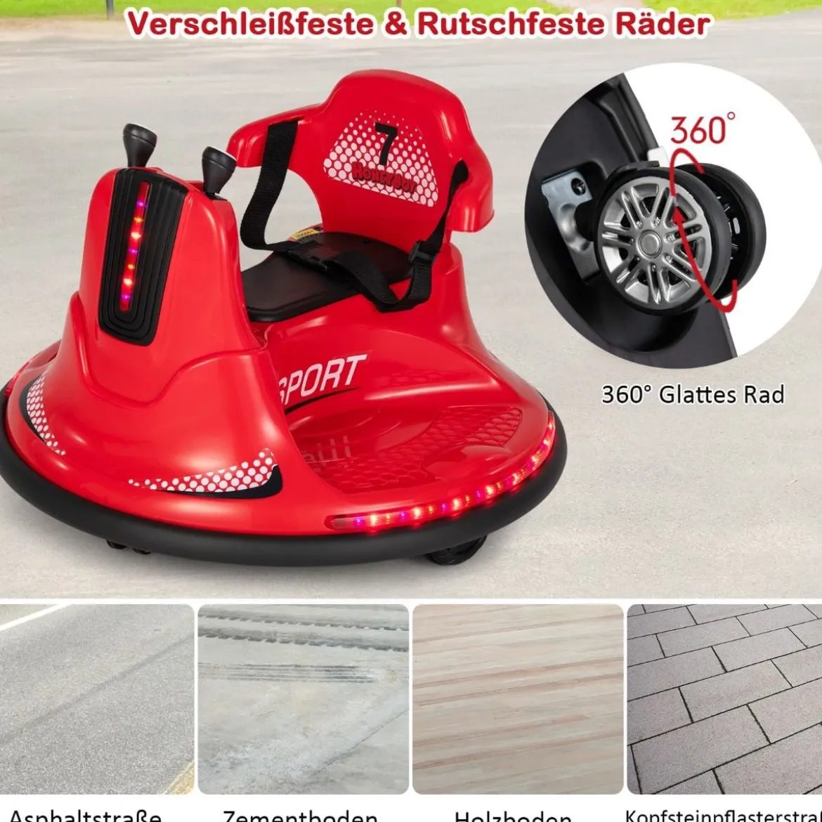 6V Kinder Autoscooter 360 Grad Drehung mit Musik & bunten LED Lichtern Rot