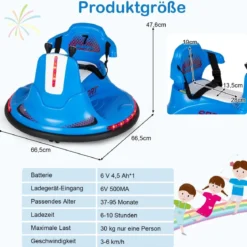 6V Kinder Autoscooter 360 Grad Drehung mit Musik & bunten LED Lichtern Blau