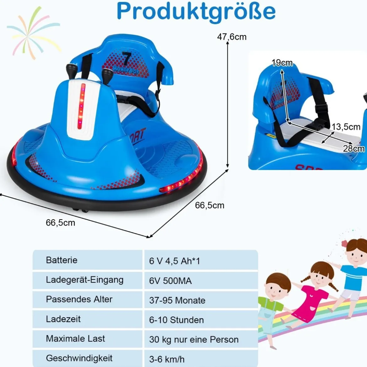 6V Kinder Autoscooter 360 Grad Drehung mit Musik & bunten LED Lichtern Blau