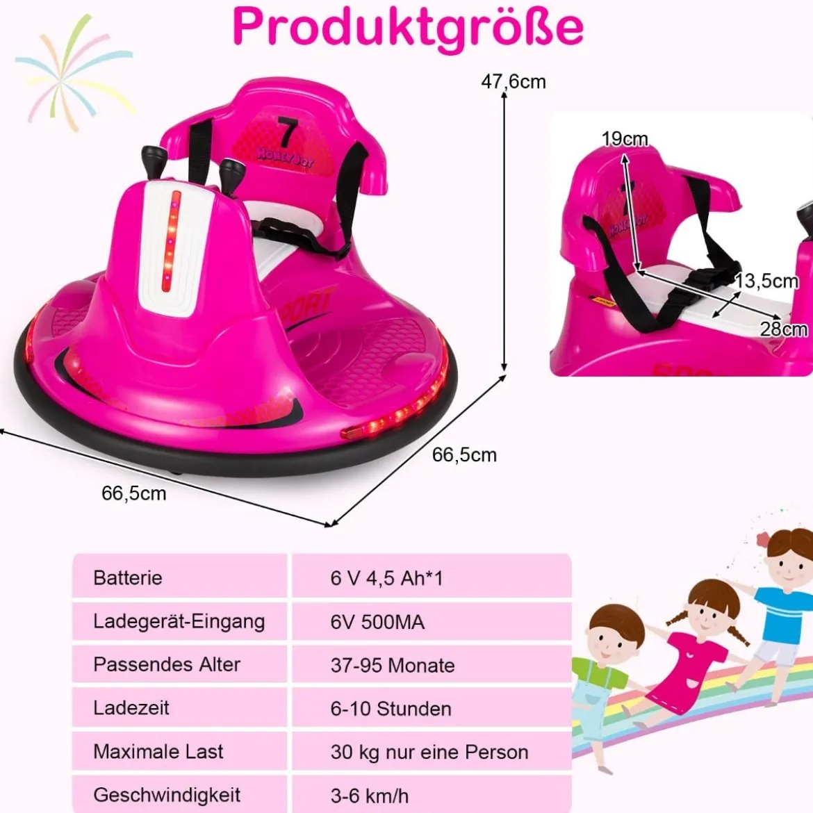 6V Kinder Autoscooter 360 Grad Drehung mit Musik & bunten LED Lichtern Rosa