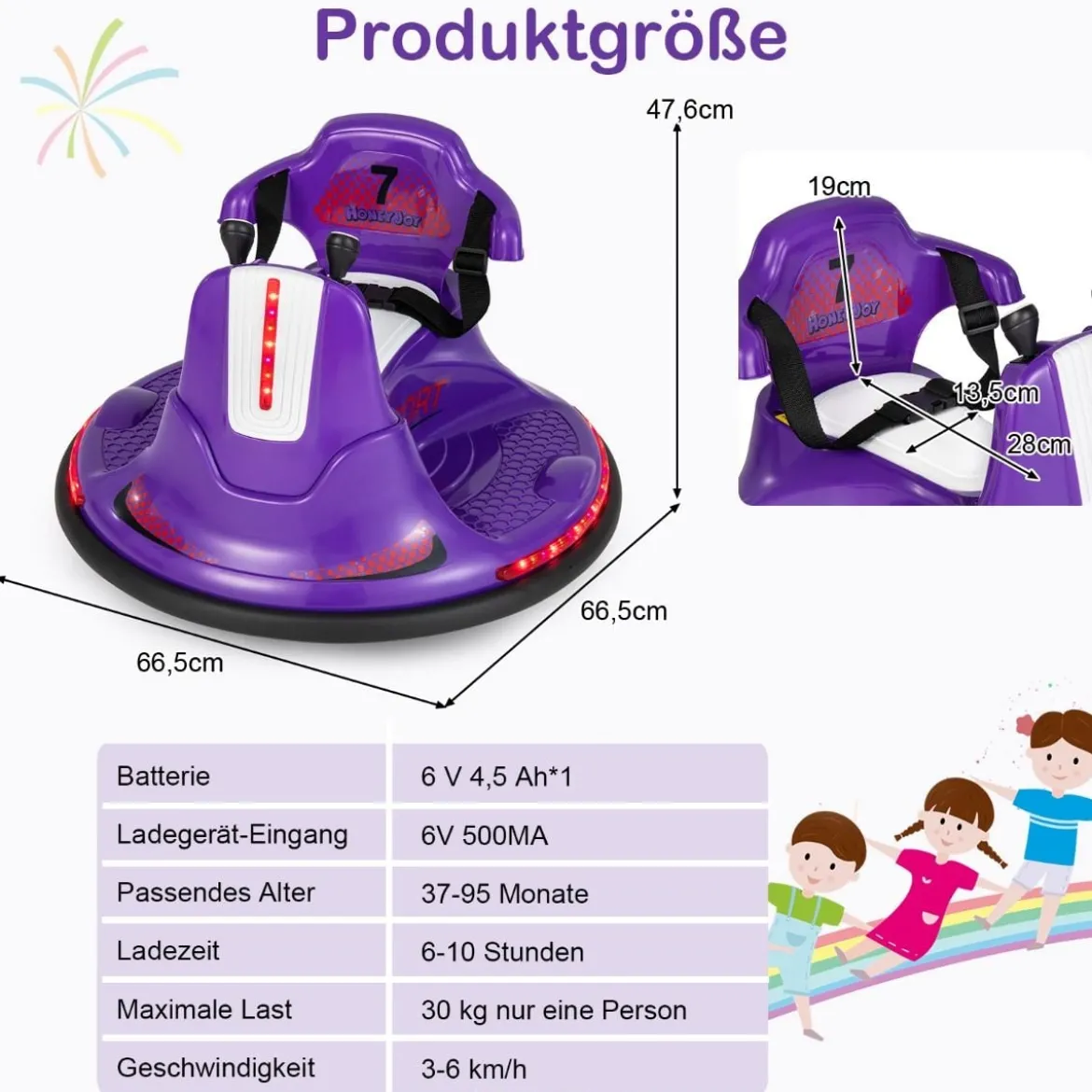 6V Kinder Autoscooter 360 Grad Drehung mit Musik & bunten LED Lichtern Lila