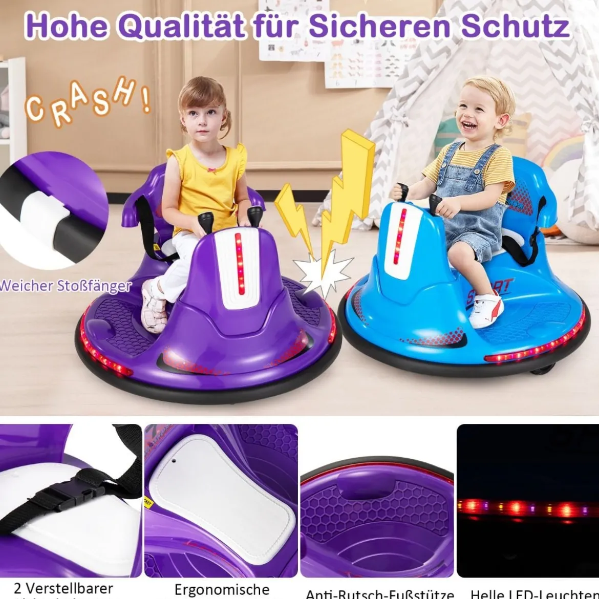 6V Kinder Autoscooter 360 Grad Drehung mit Musik & bunten LED Lichtern Lila