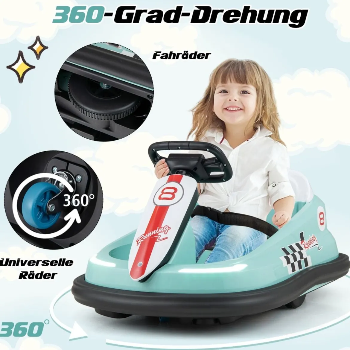 6V Kinder Autoscooter mit Musik & Lichtern & 360° Rotation Elektroauto Bumper car 1,5-3 km/h Grün