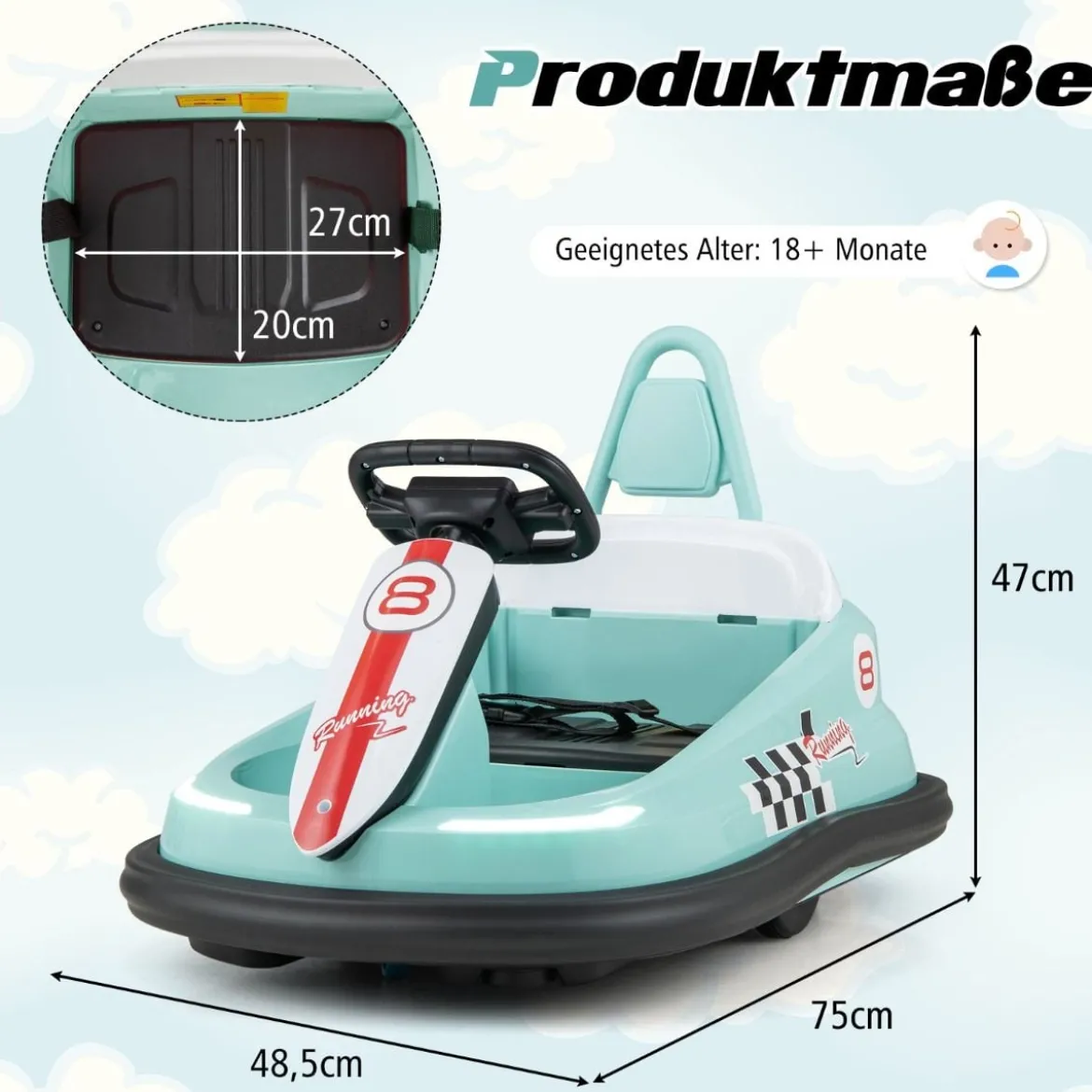 6V Kinder Autoscooter mit Musik & Lichtern & 360° Rotation Elektroauto Bumper car 1,5-3 km/h Grün