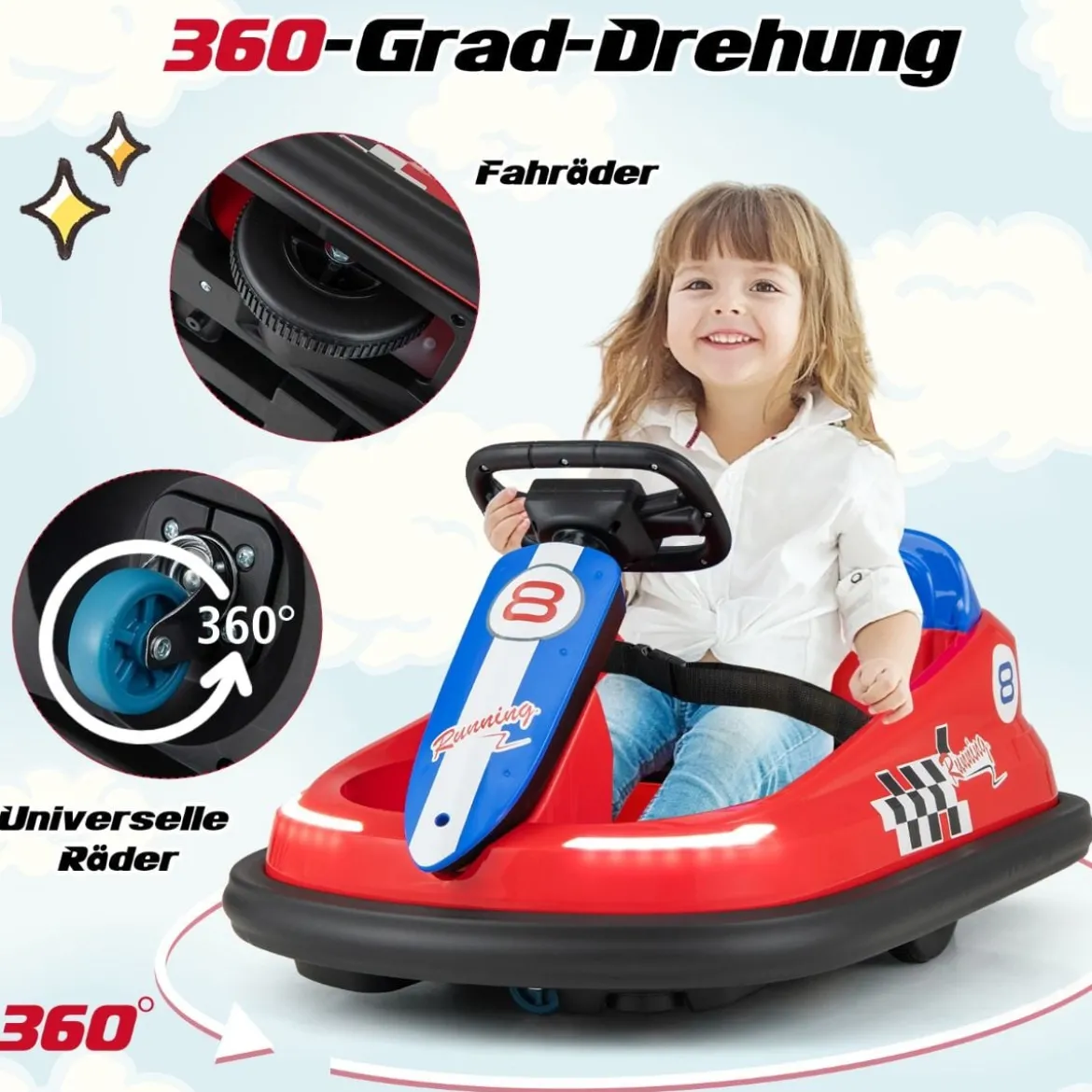 6V Kinder Autoscooter mit Musik & Lichtern & 360° Rotation Elektroauto Bumper car 1,5-3 km/h Rot