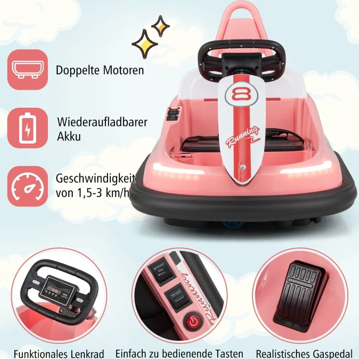 6V Kinder Autoscooter mit Musik & Lichtern & 360° Rotation Elektroauto Bumper car 1,5-3 km/h Rosa