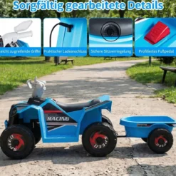 6V Kinder Elektrischer ATV mit Anhänger Elektrofahrzeug mit verschleißfesten Rädern Blau