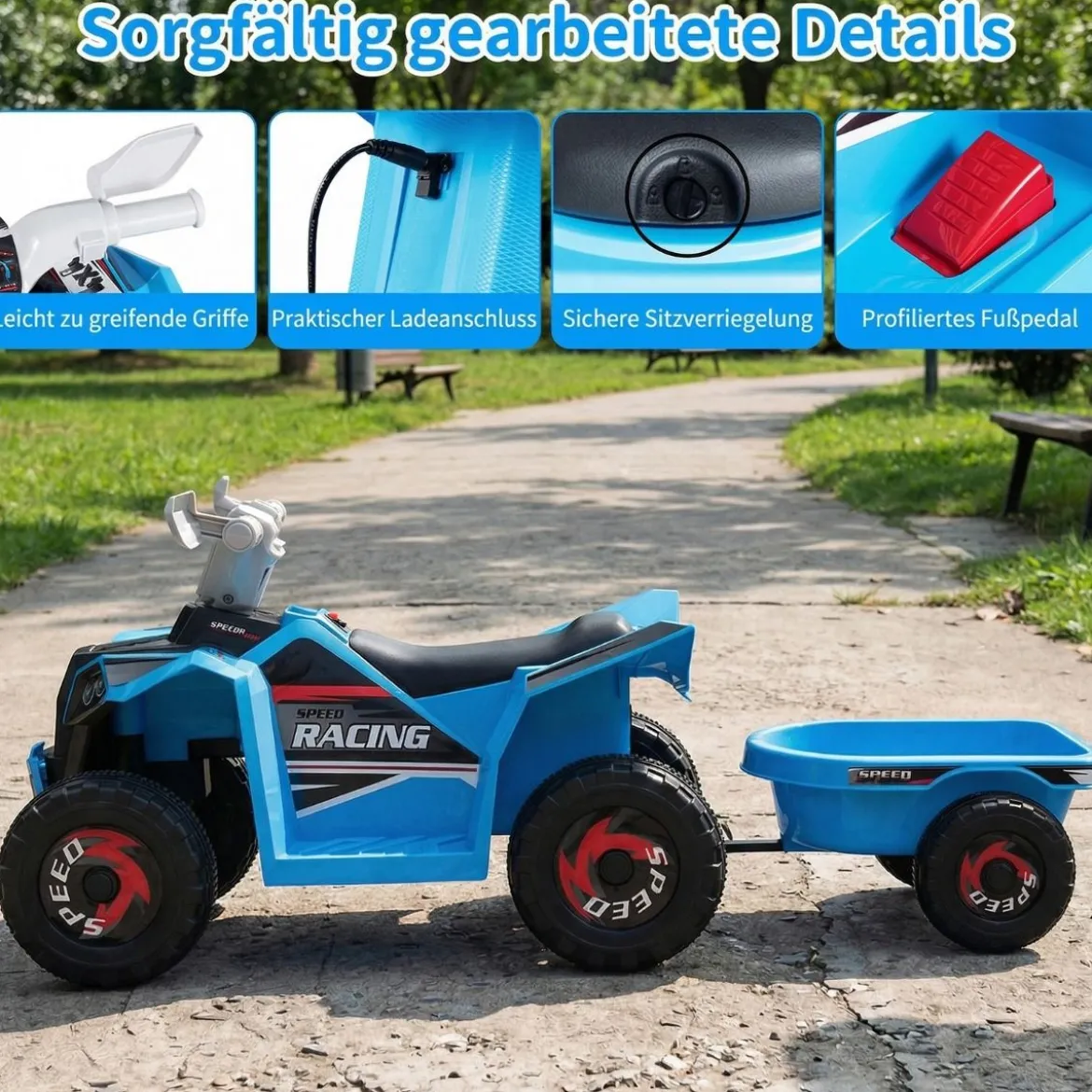 6V Kinder Elektrischer ATV mit Anhänger Elektrofahrzeug mit verschleißfesten Rädern Blau