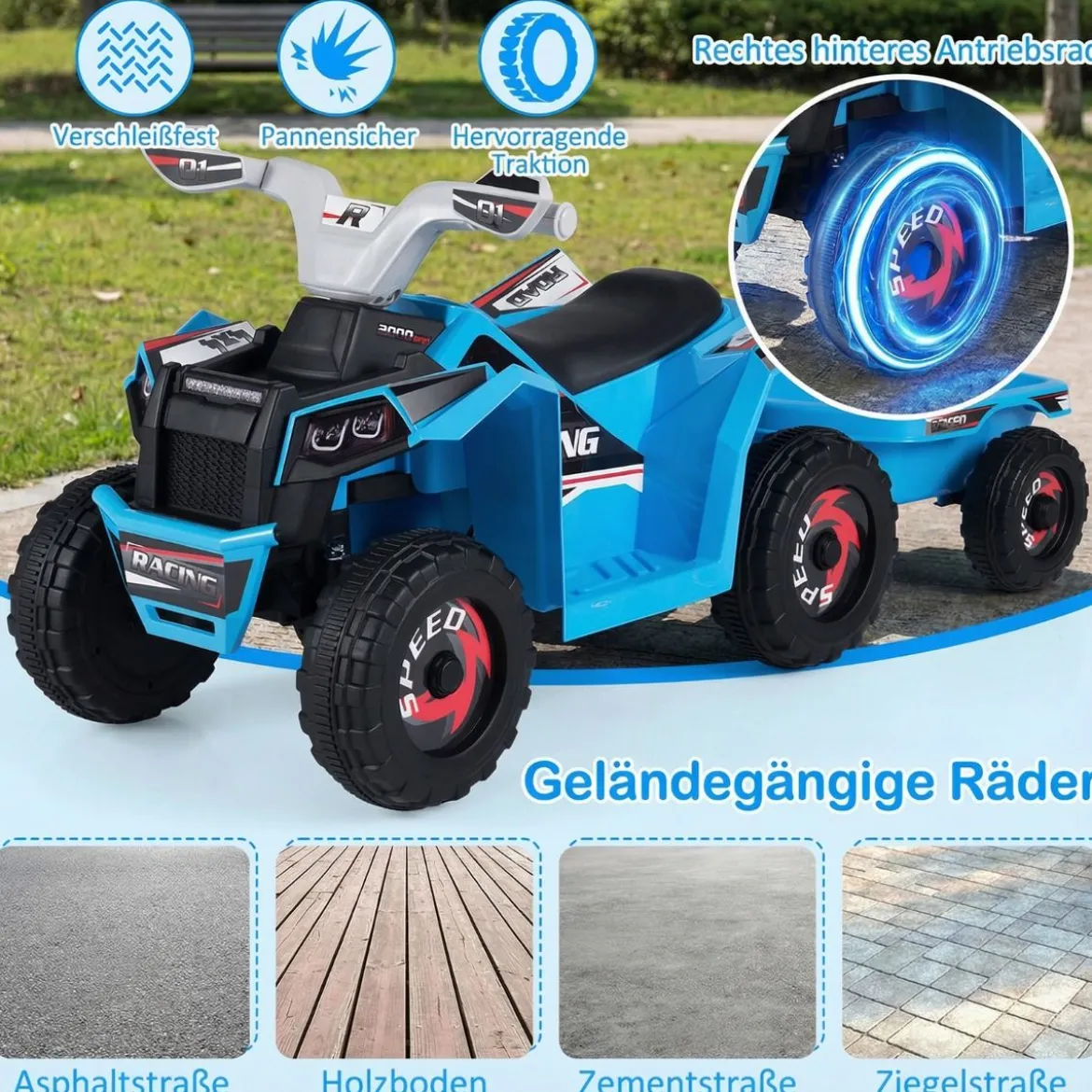 6V Kinder Elektrischer ATV mit Anhänger Elektrofahrzeug mit verschleißfesten Rädern Blau