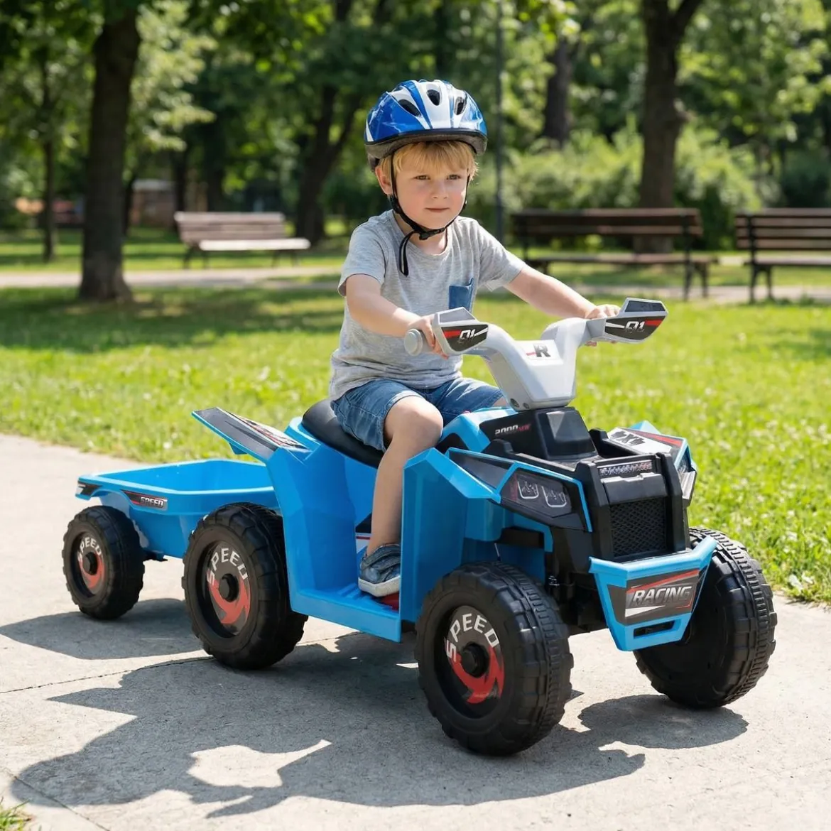 6V Kinder Elektrischer ATV mit Anhänger Elektrofahrzeug mit verschleißfesten Rädern Blau