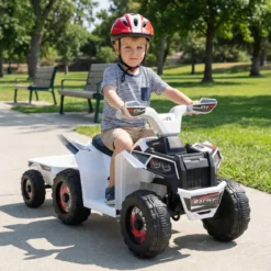 6V Kinder Elektrischer ATV mit Anhänger Elektrofahrzeug mit verschleißfesten Rädern Weiß