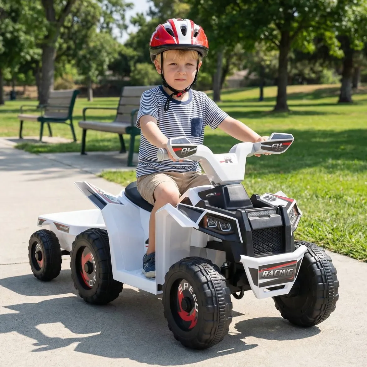 6V Kinder Elektrischer ATV mit Anhänger Elektrofahrzeug mit verschleißfesten Rädern Weiß