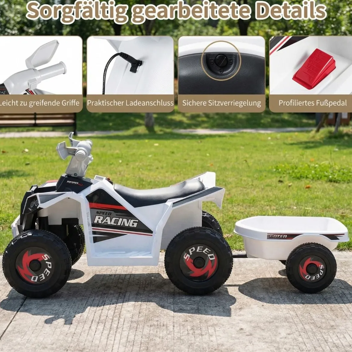 6V Kinder Elektrischer ATV mit Anhänger Elektrofahrzeug mit verschleißfesten Rädern Weiß