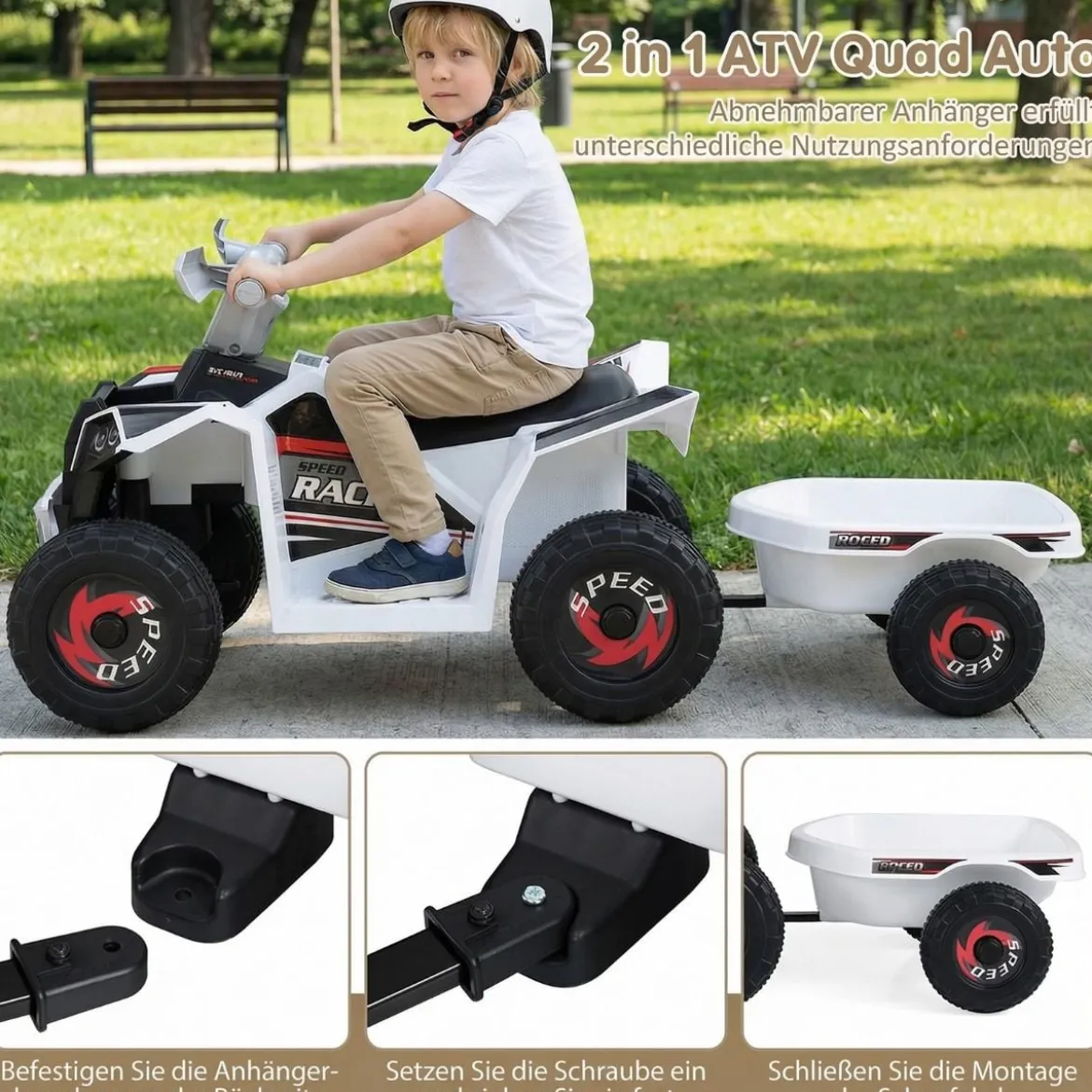 6V Kinder Elektrischer ATV mit Anhänger Elektrofahrzeug mit verschleißfesten Rädern Weiß
