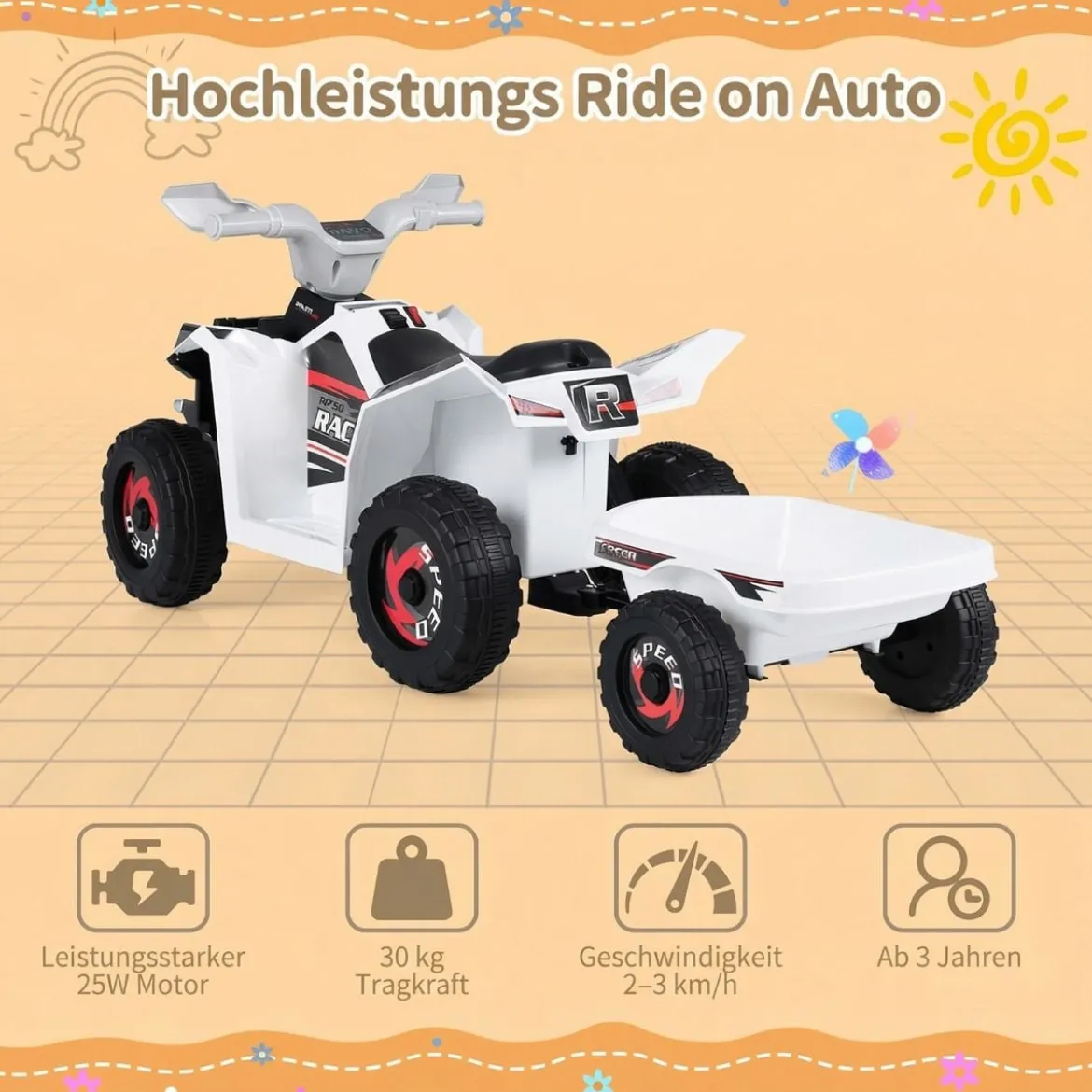 6V Kinder Elektrischer ATV mit Anhänger Elektrofahrzeug mit verschleißfesten Rädern Weiß