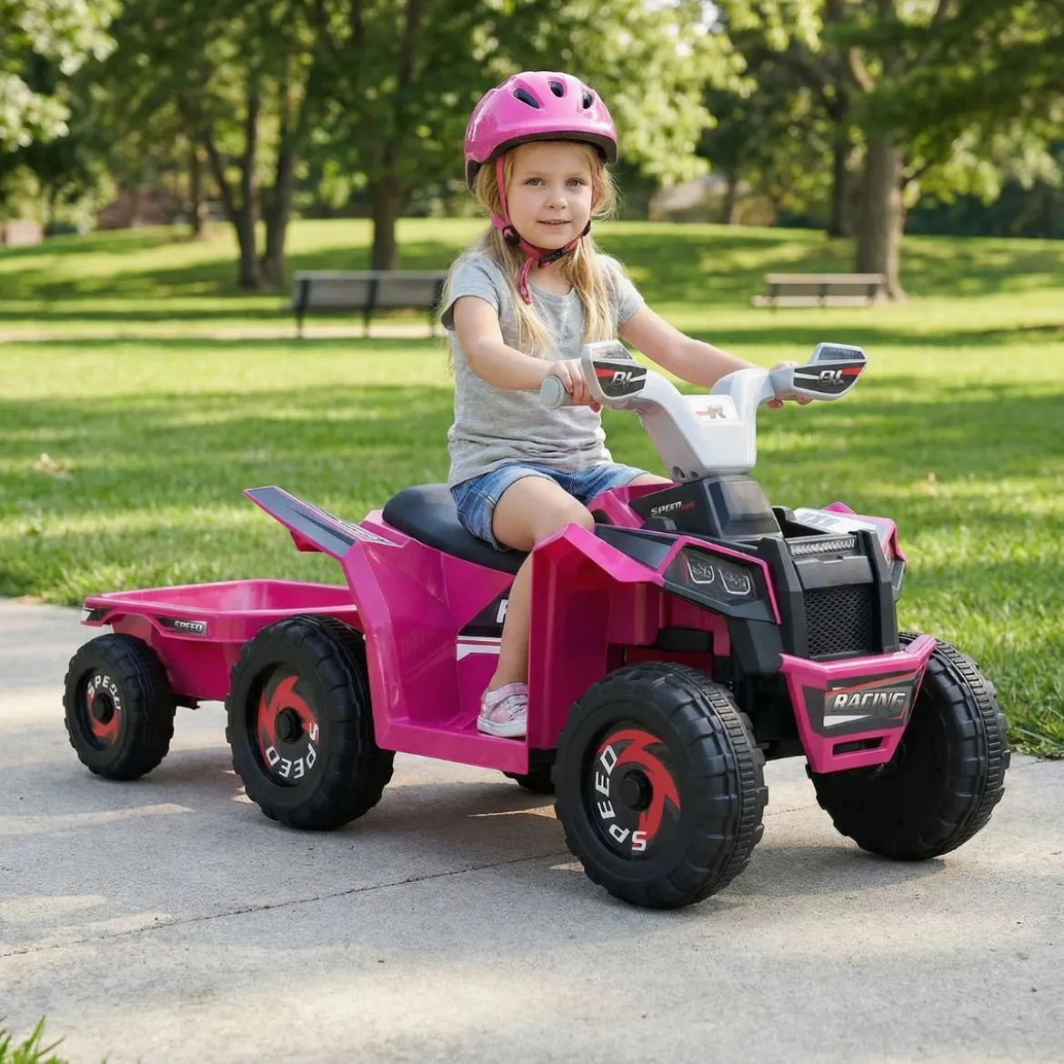 6V Kinder Elektrischer ATV mit Anhänger Elektrofahrzeug mit verschleißfesten Rädern Rosa