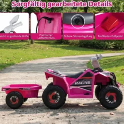 6V Kinder Elektrischer ATV mit Anhänger Elektrofahrzeug mit verschleißfesten Rädern Rosa
