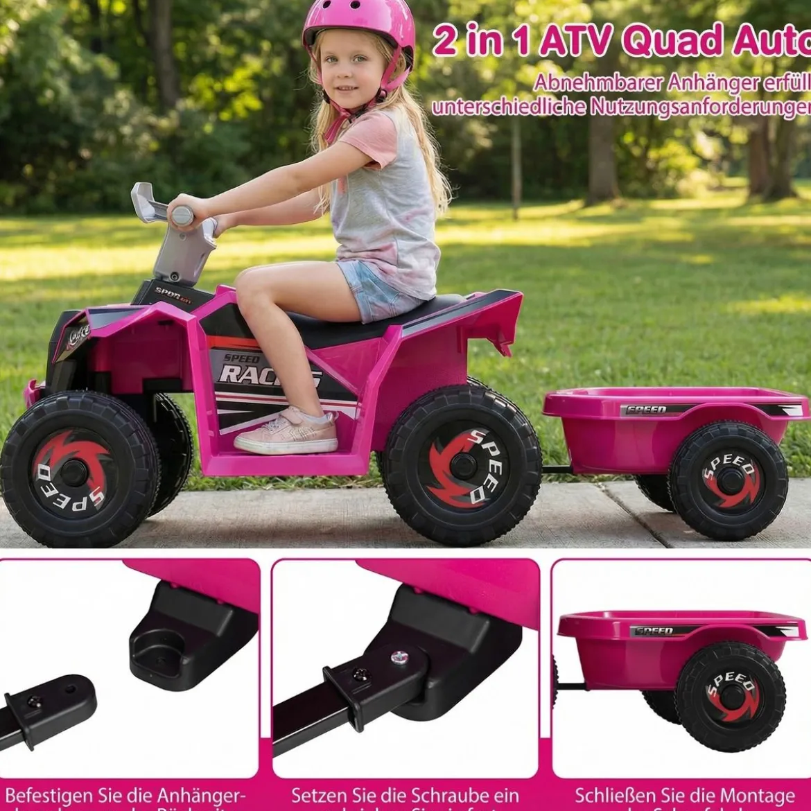 6V Kinder Elektrischer ATV mit Anhänger Elektrofahrzeug mit verschleißfesten Rädern Rosa